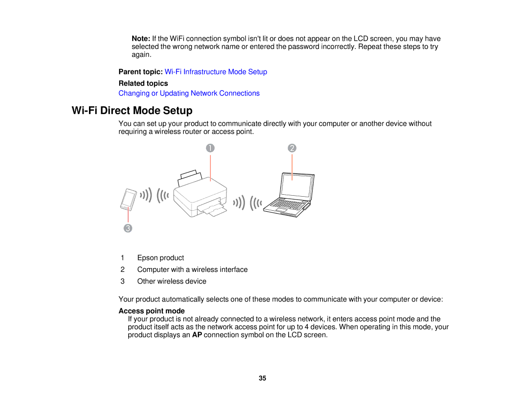 Epson XP-620 manual Wi-Fi Direct Mode Setup, Access point mode 