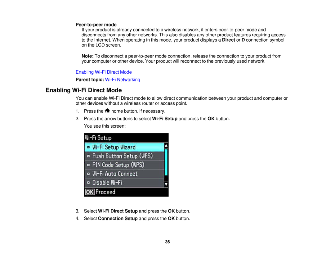 Epson XP-620 manual Enabling Wi-Fi Direct Mode, Peer-to-peer mode 