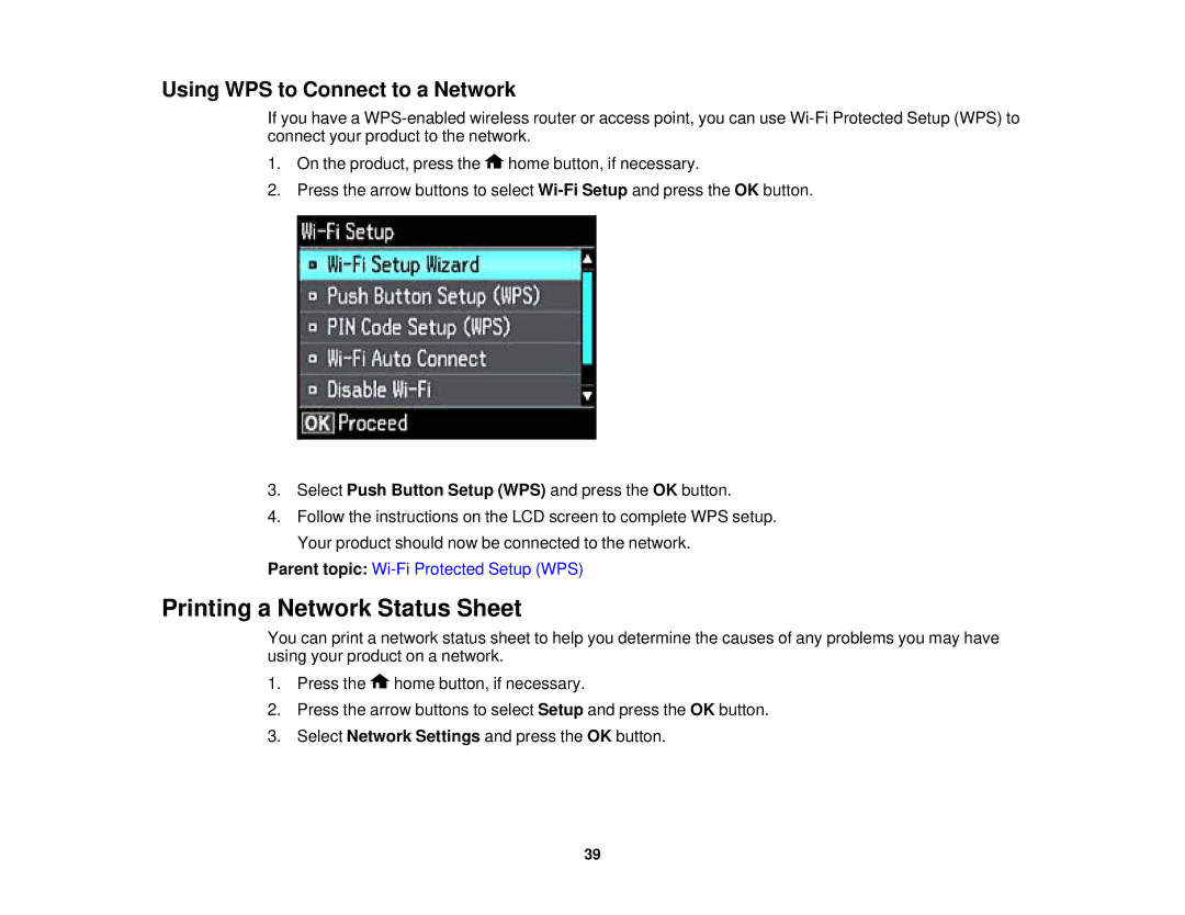 Epson XP-620 manual Printing a Network Status Sheet, Using WPS to Connect to a Network 