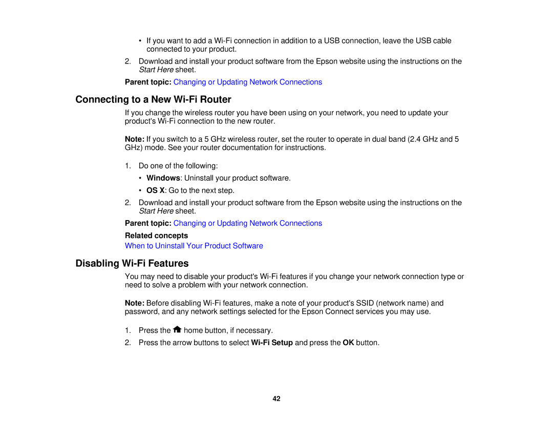 Epson XP-620 manual Connecting to a New Wi-Fi Router, Disabling Wi-Fi Features, Related concepts 