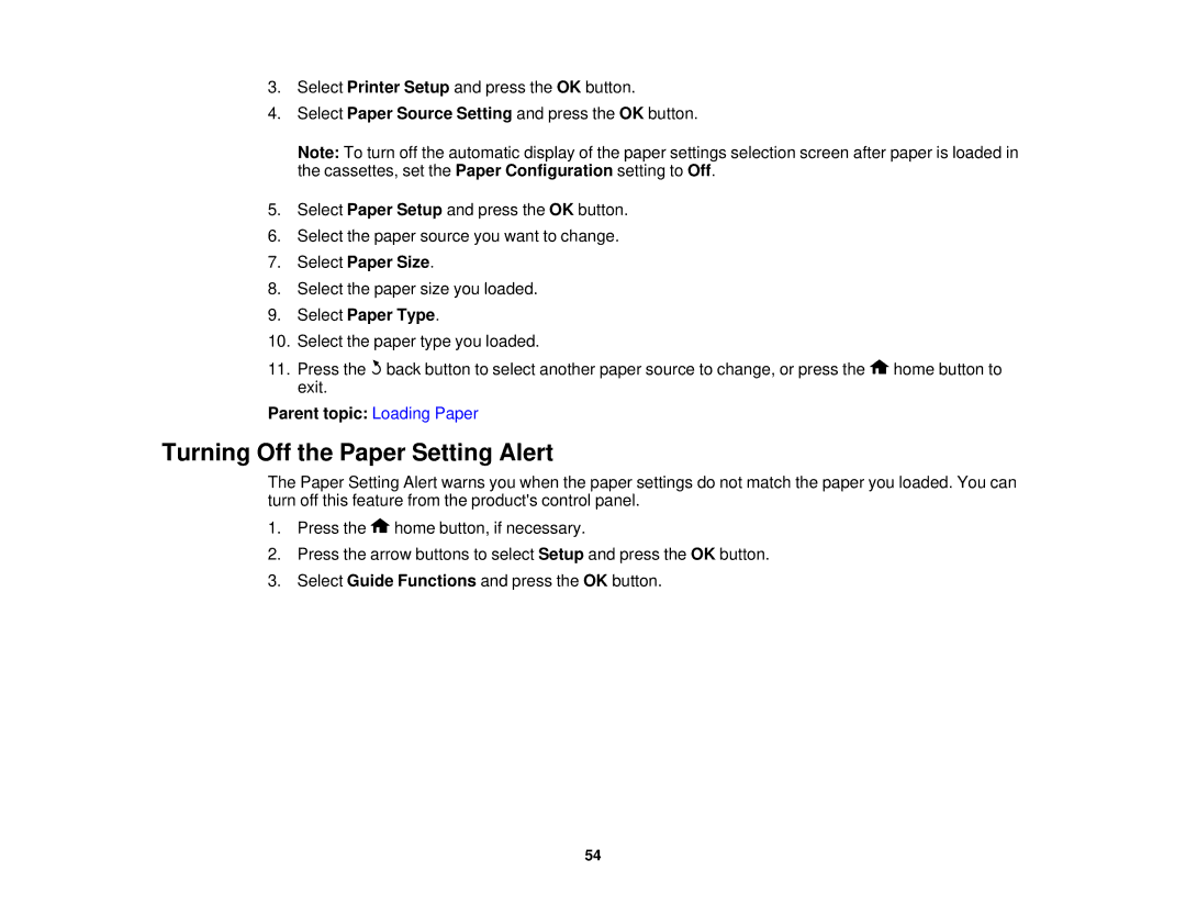 Epson XP-620 manual Turning Off the Paper Setting Alert, Select Paper Size, Select Paper Type, Parent topic Loading Paper 