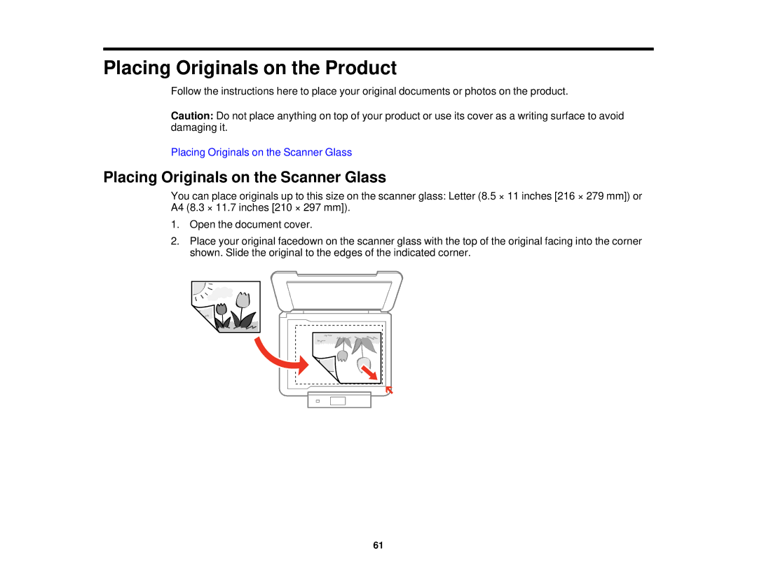 Epson XP-620 manual Placing Originals on the Product, Placing Originals on the Scanner Glass 