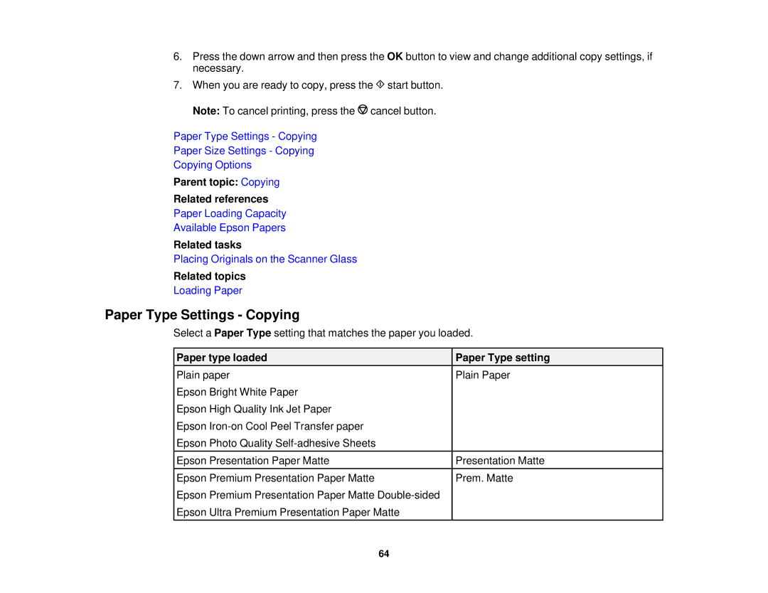 Epson XP-620 Paper Type Settings Copying, Parent topic Copying Related references, Paper type loaded Paper Type setting 