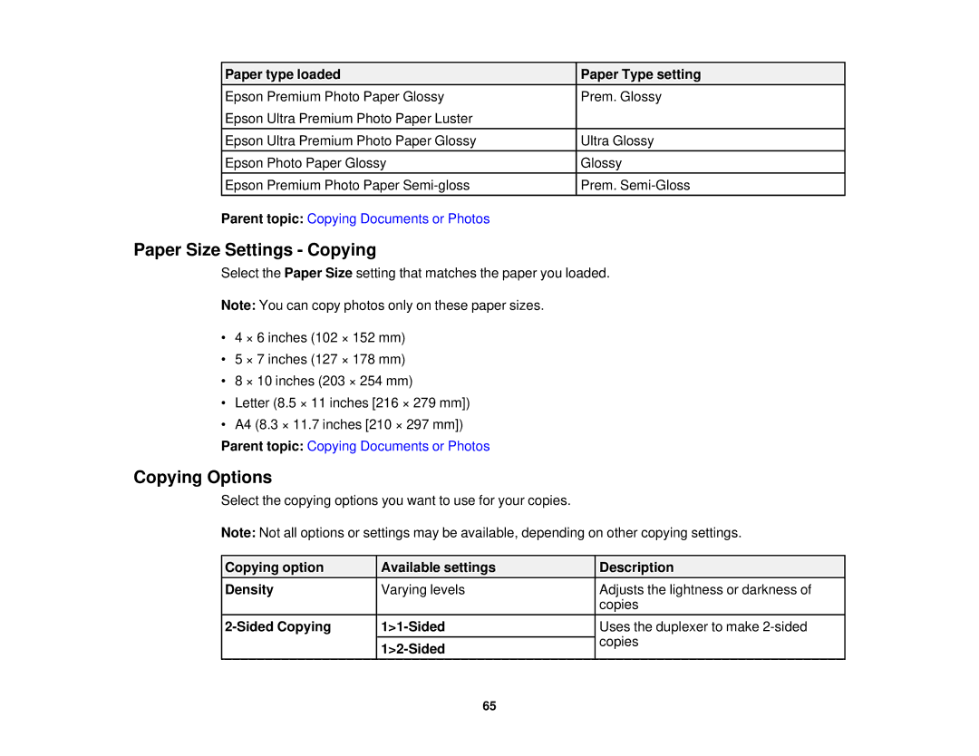 Epson XP-620 manual Paper Size Settings Copying, Copying Options 