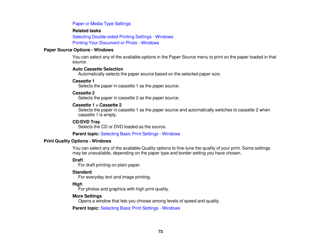 Epson XP-620 Paper Source Options Windows, Auto Cassette Selection, Cassette 1 Cassette, CD/DVD Tray, High, More Settings 