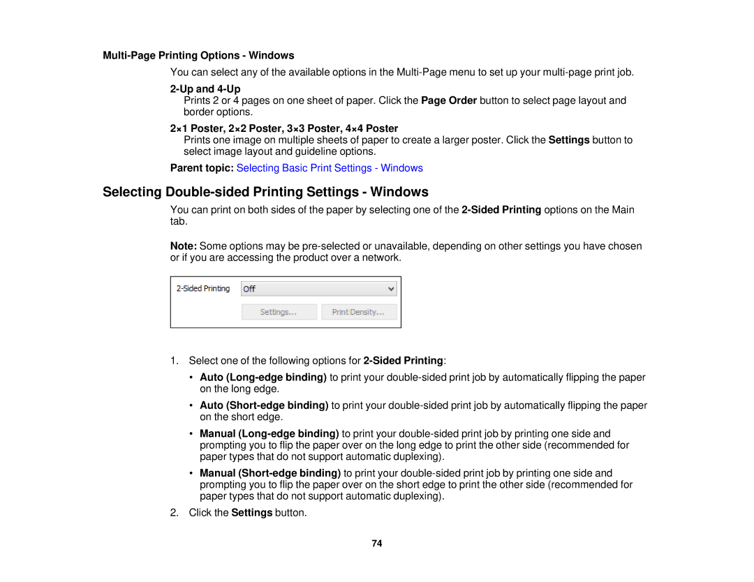 Epson XP-620 manual Selecting Double-sided Printing Settings Windows, Multi-Page Printing Options Windows, Up and 4-Up 