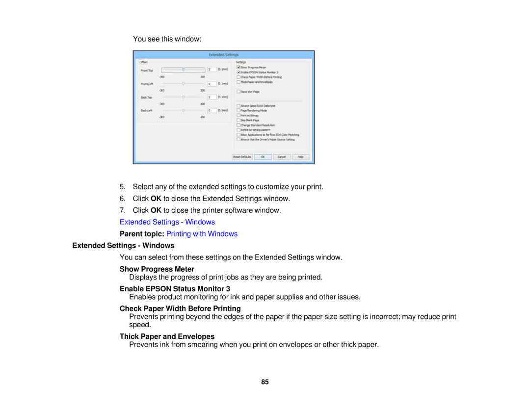 Epson XP-620 manual Extended Settings Windows, Show Progress Meter, Enable Epson Status Monitor, Thick Paper and Envelopes 