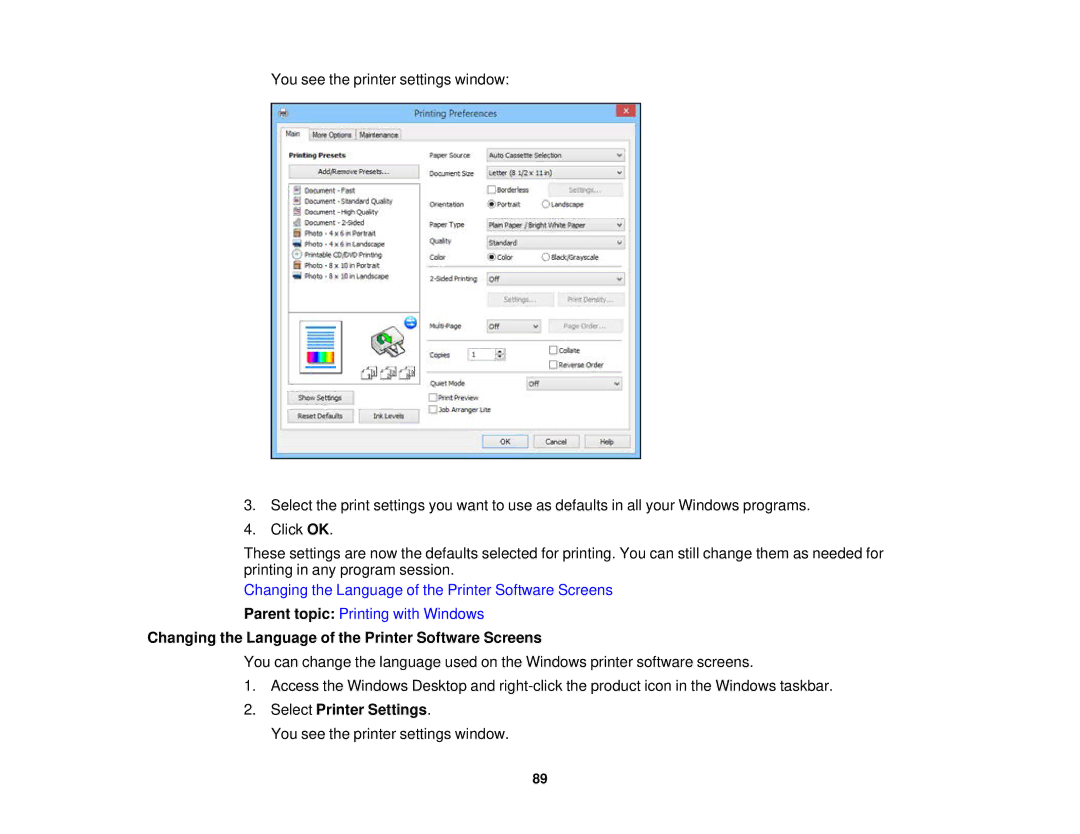 Epson XP-620 manual Changing the Language of the Printer Software Screens 