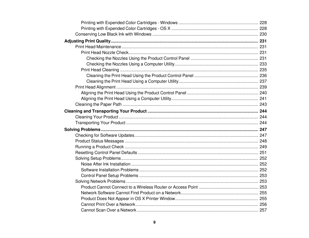 Epson XP-620 manual Adjusting Print Quality 231, 244, Solving Problems 247 