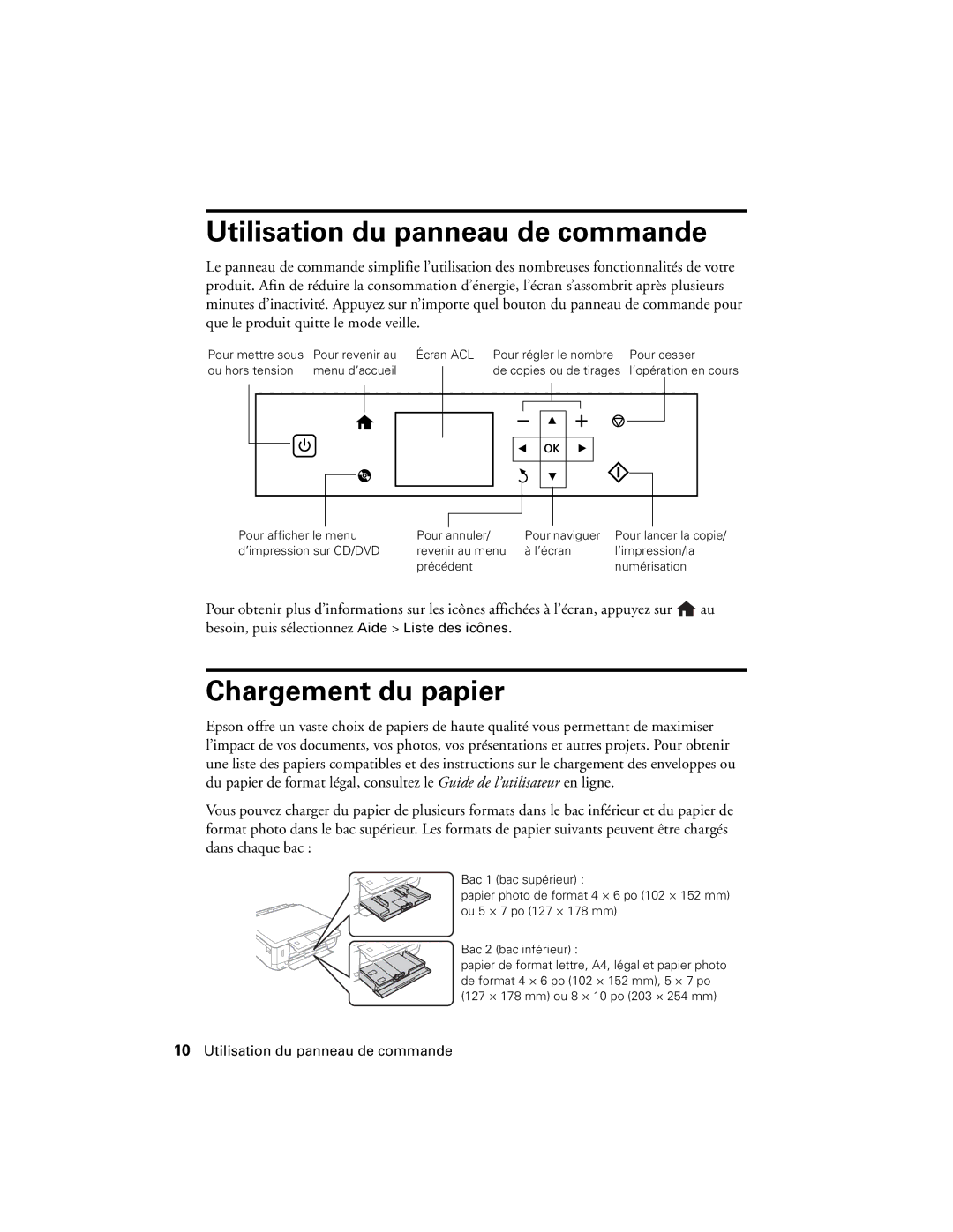 Epson XP-620 manual Utilisation du panneau de commande, Chargement du papier 