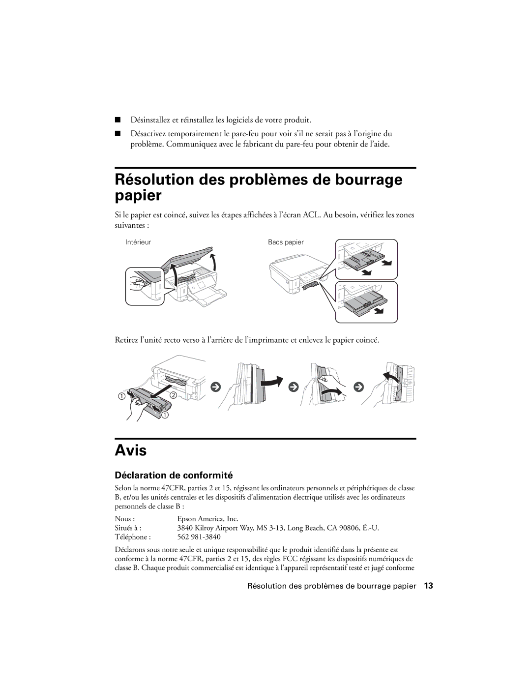 Epson XP-620 manual Résolution des problèmes de bourrage papier, Avis, Déclaration de conformité 