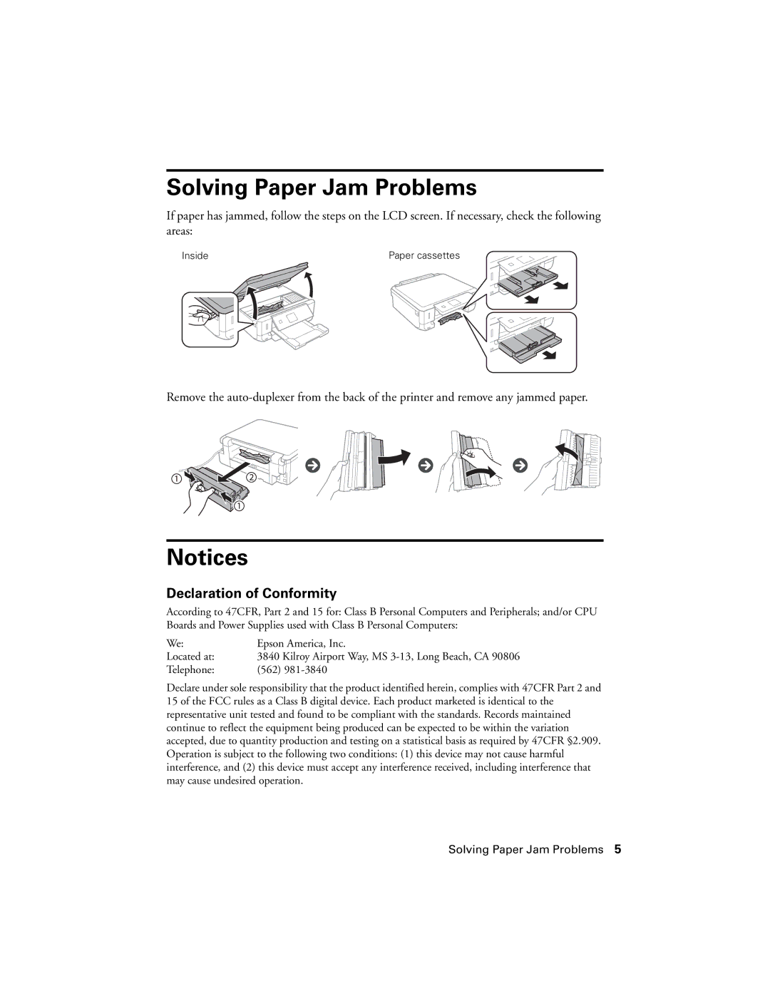 Epson XP-620 manual Solving Paper Jam Problems, Declaration of Conformity 