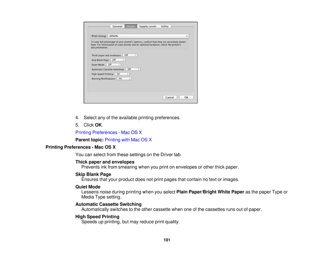 Epson XP-850 manual Printing Preferences Mac OS, Thick paper and envelopes, Skip Blank, Automatic Cassette Switching 