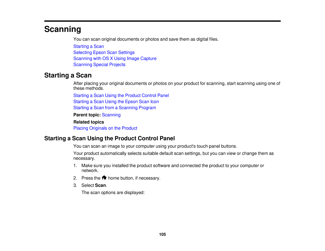 Epson XP-850 manual Starting a Scan Using the Product Control Panel, Parent topic Scanning Related topics 