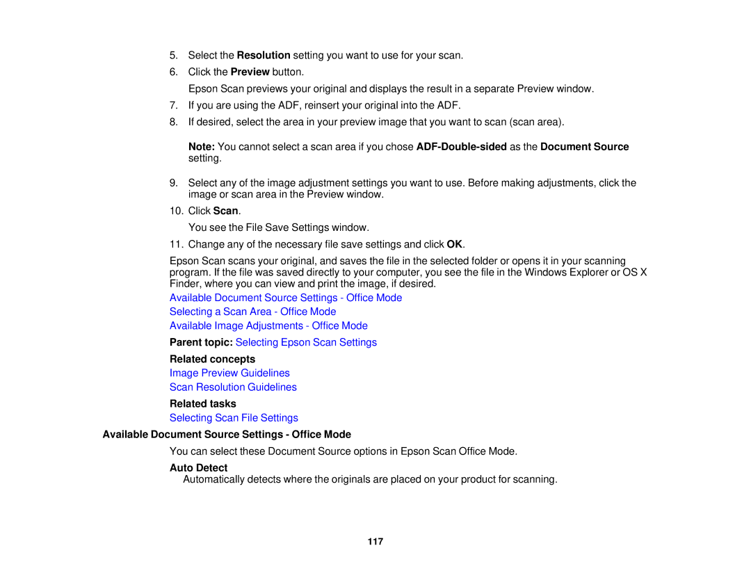 Epson XP-850 manual Related concepts, Available Document Source Settings Office Mode, Auto Detect 