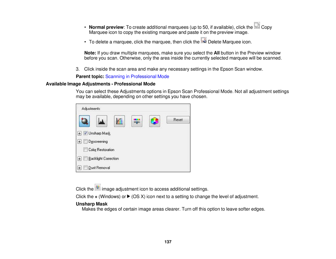 Epson XP-850 manual Available Image Adjustments Professional Mode, Unsharp Mask 