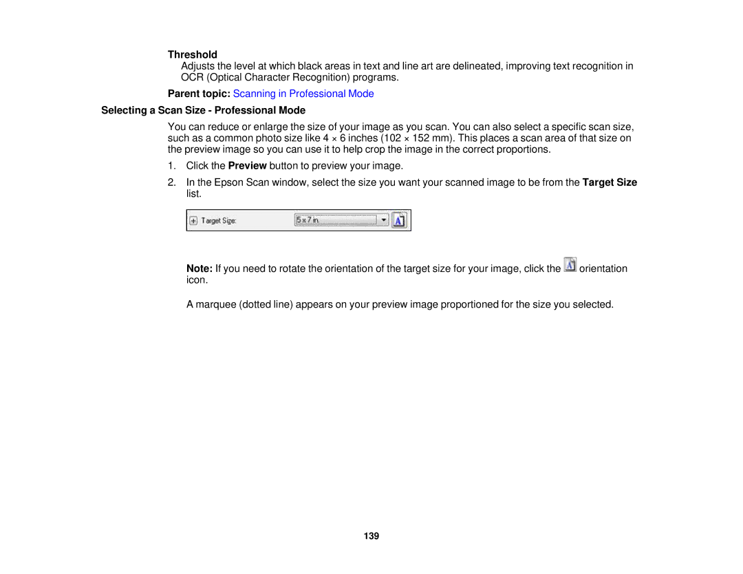 Epson XP-850 manual Threshold, Selecting a Scan Size Professional Mode 