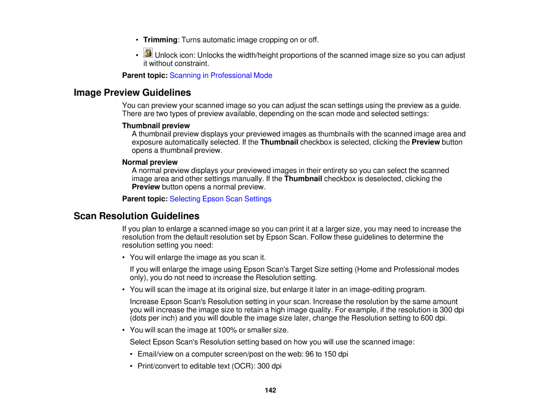 Epson XP-850 manual Image Preview Guidelines, Scan Resolution Guidelines, Thumbnail preview, Normal preview 