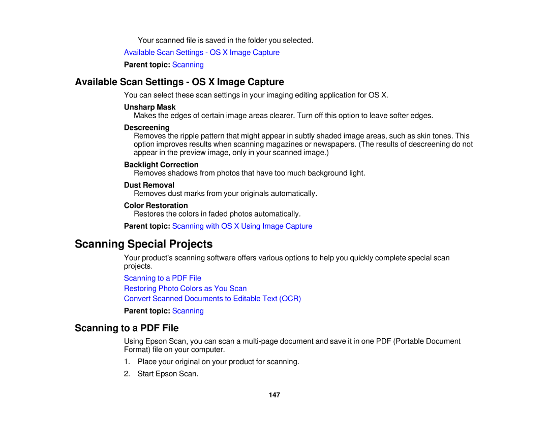 Epson XP-850 manual Scanning Special Projects, Available Scan Settings OS X Image Capture 