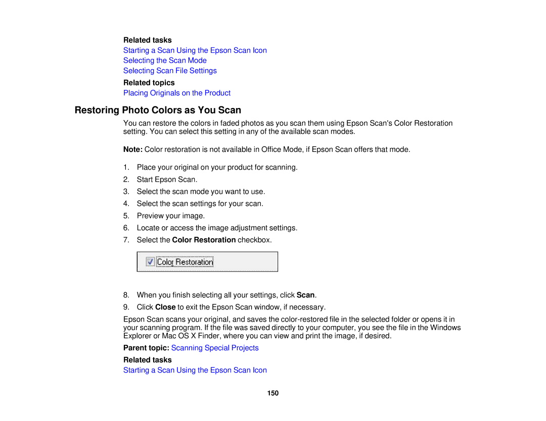Epson XP-850 manual Restoring Photo Colors as You Scan, Related tasks 