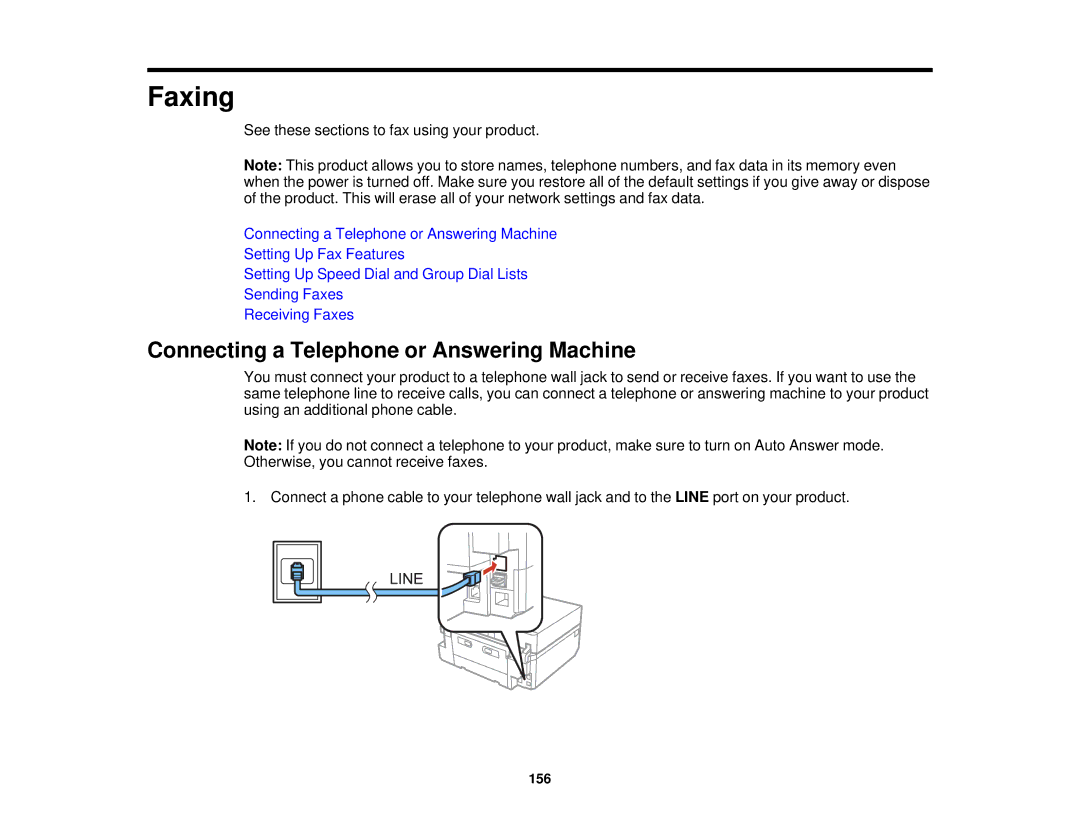 Epson XP-850 manual Faxing, Connecting a Telephone or Answering Machine 