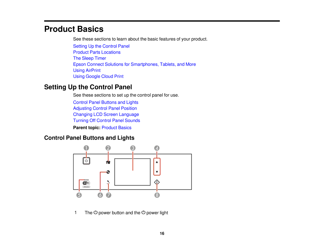 Epson XP-850 manual Setting Up the Control Panel, Control Panel Buttons and Lights, Parent topic Product Basics 