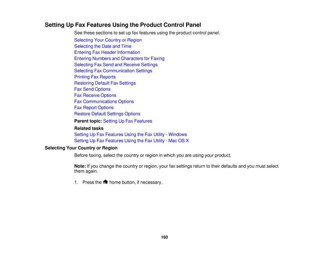 Epson XP-850 manual Setting Up Fax Features Using the Product Control Panel, Selecting Your Country or Region 