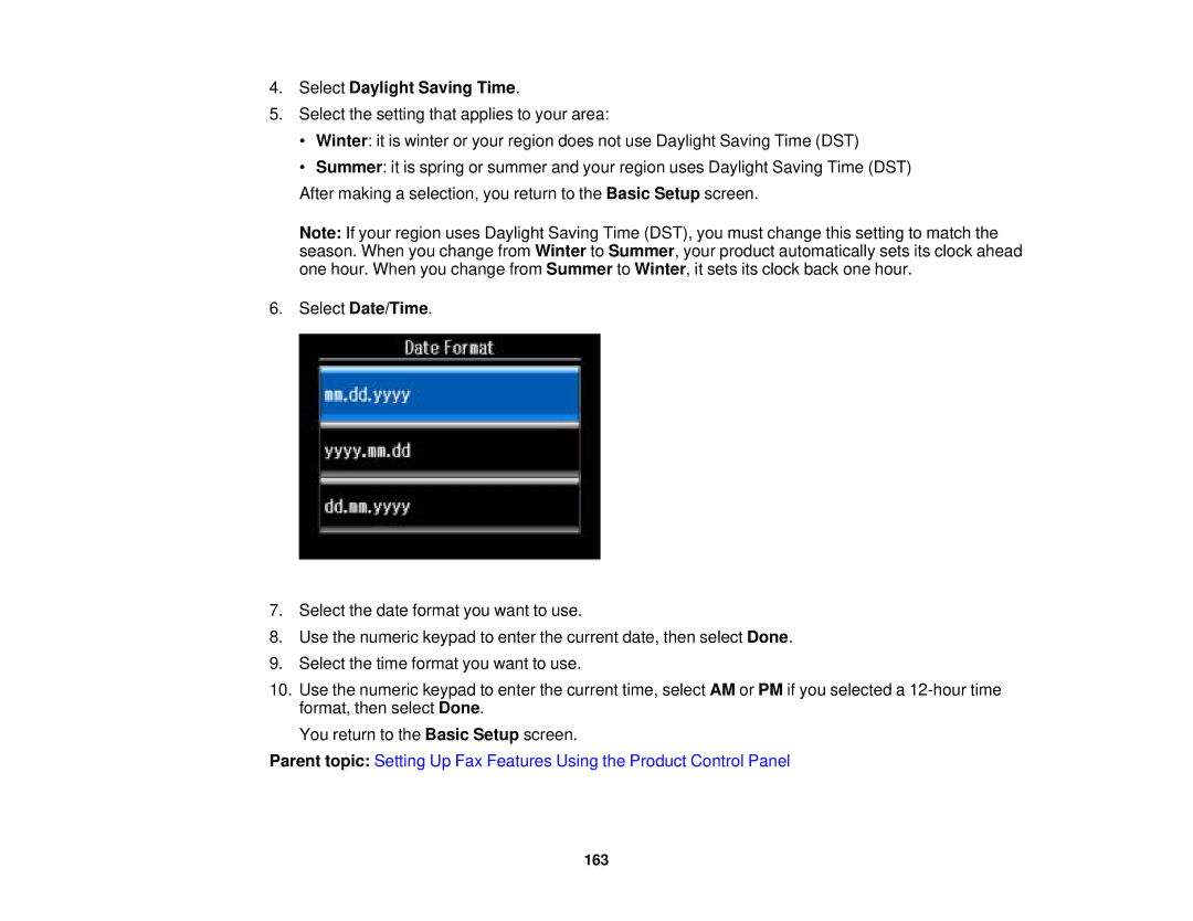 Epson XP-850 manual Select Daylight Saving Time, Select Date/Time 