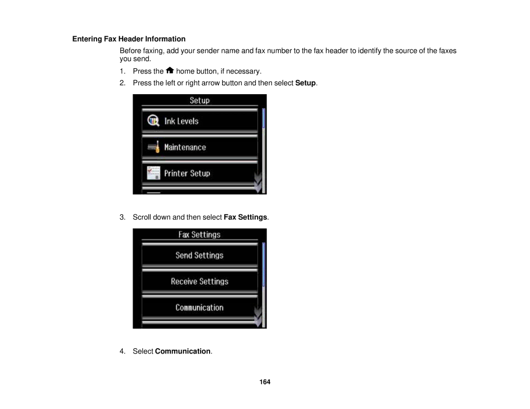 Epson XP-850 manual Entering Fax Header Information, Select Communication 