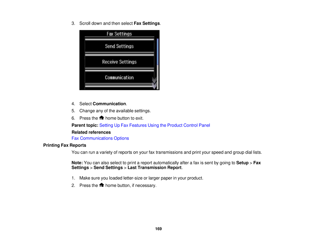 Epson XP-850 manual Select Communication, Printing Fax Reports 