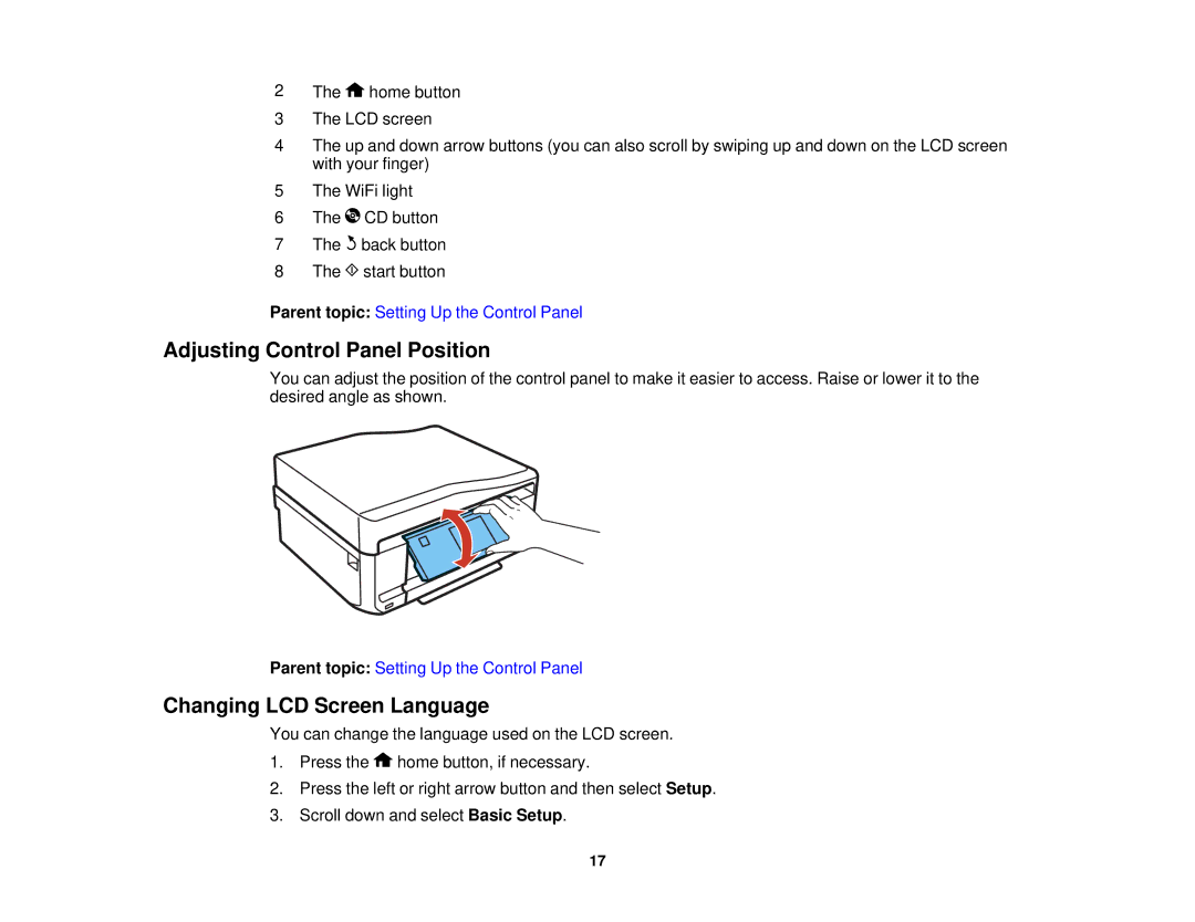 Epson XP-850 manual Adjusting Control Panel Position, Changing LCD Screen Language 