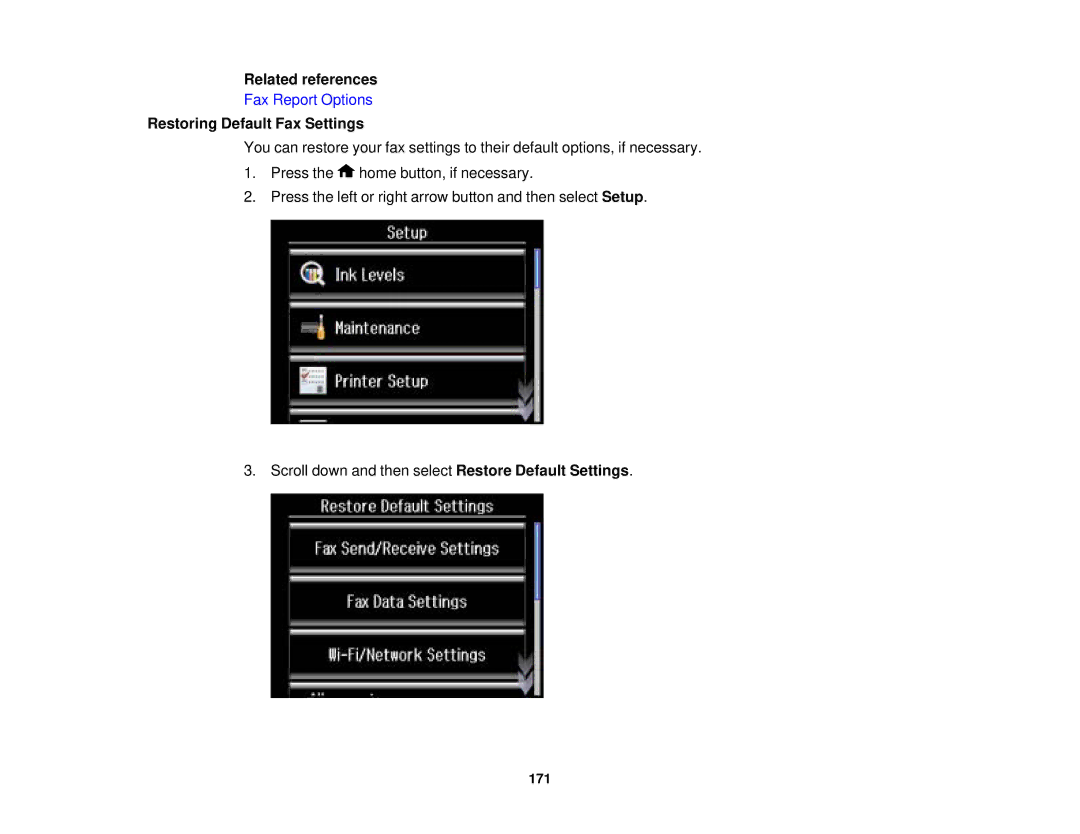 Epson XP-850 manual Restoring Default Fax Settings 