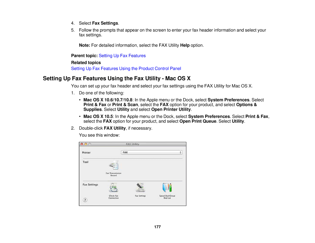 Epson XP-850 manual Setting Up Fax Features Using the Fax Utility Mac OS, Select Fax Settings 