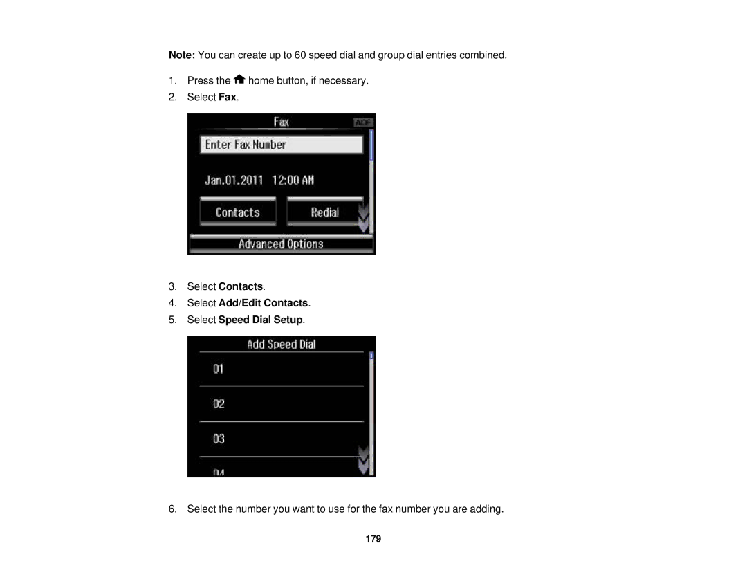 Epson XP-850 manual Select Add/Edit Contacts Select Speed Dial Setup 