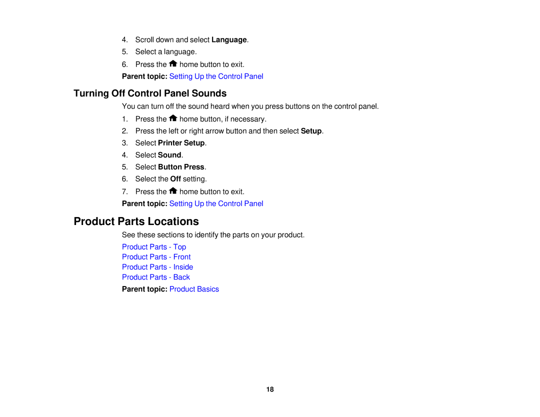 Epson XP-850 manual Product Parts Locations, Turning Off Control Panel Sounds, Select Printer Setup, Select Button Press 