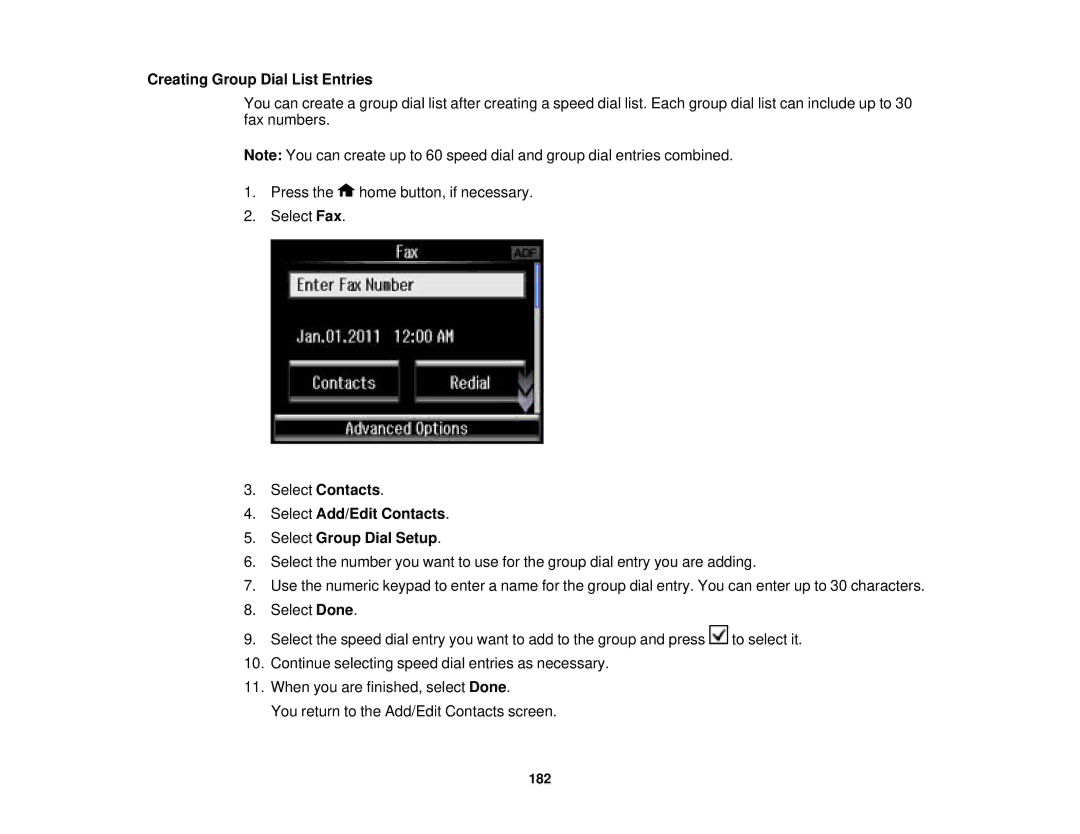 Epson XP-850 manual Creating Group Dial List Entries, Select Add/Edit Contacts Select Group Dial Setup 