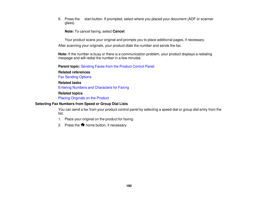 Epson XP-850 manual Related references, Selecting Fax Numbers from Speed or Group Dial Lists 