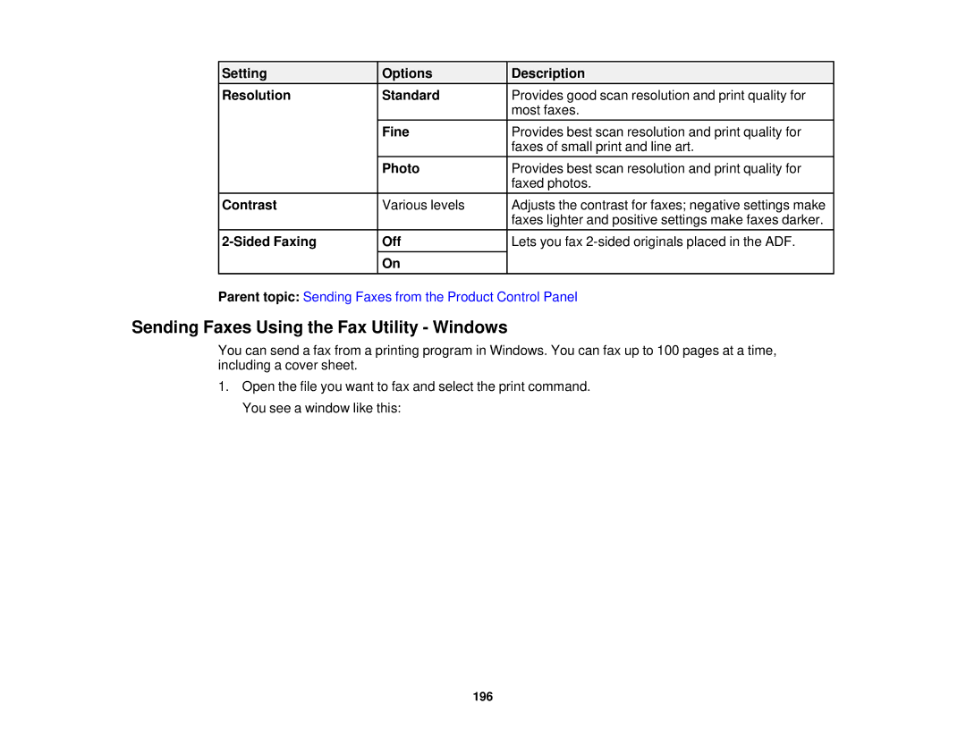 Epson XP-850 manual Sending Faxes Using the Fax Utility Windows, Setting Options Description Resolution Standard 