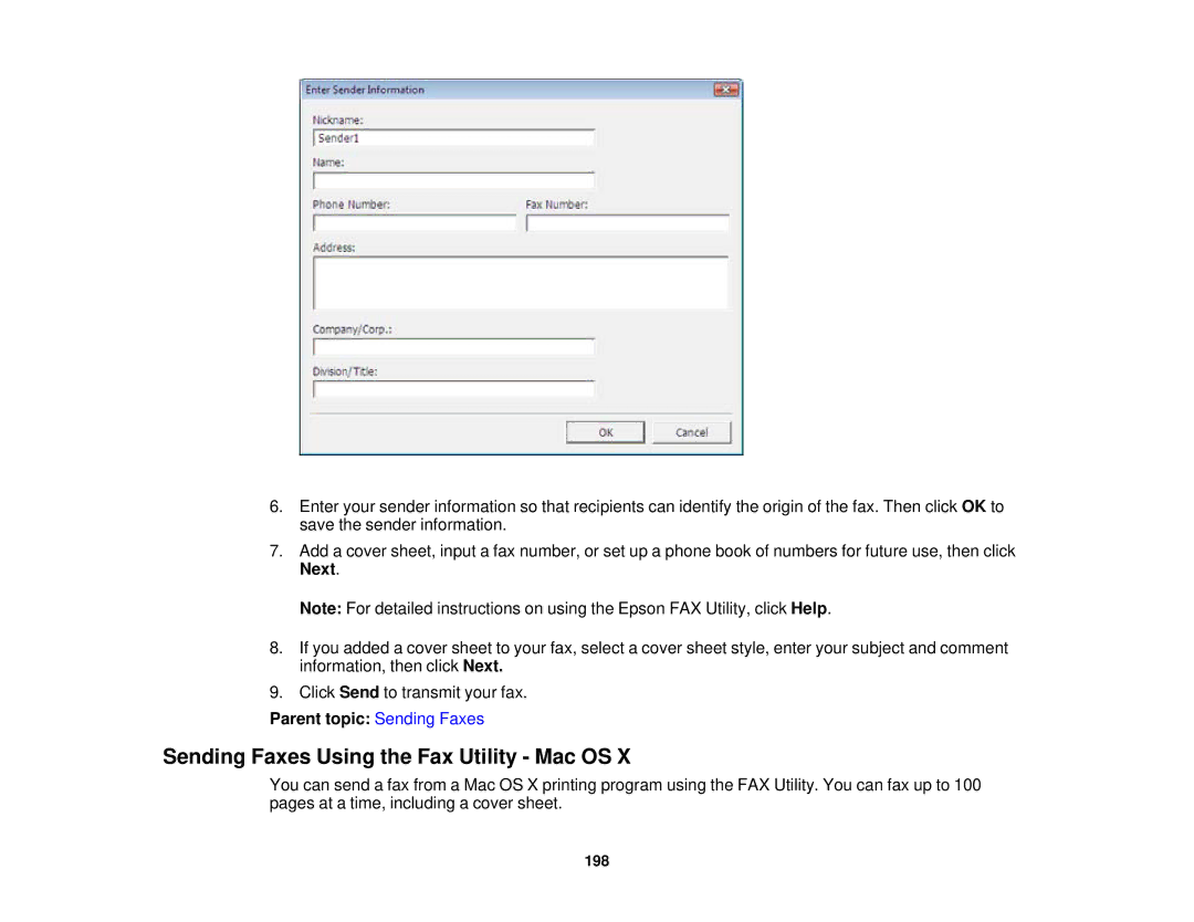 Epson XP-850 manual Sending Faxes Using the Fax Utility Mac OS, Parent topic Sending Faxes 