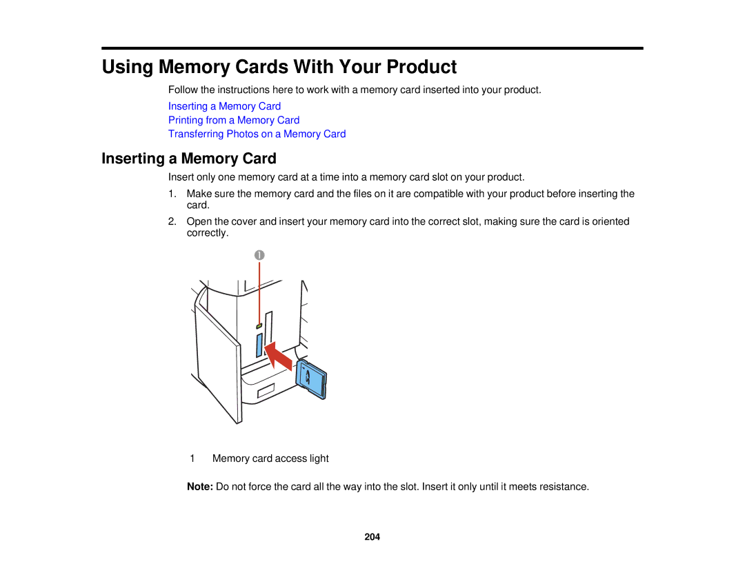 Epson XP-850 manual Using Memory Cards With Your Product, Inserting a Memory Card 