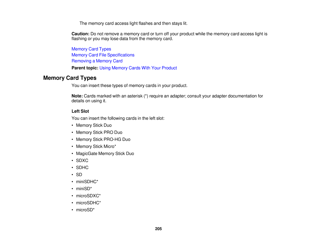 Epson XP-850 manual Memory Card Types, Left Slot 