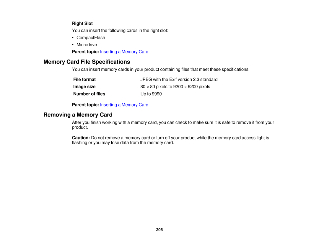 Epson XP-850 manual Memory Card File Specifications, Removing a Memory Card, Right Slot, File format 