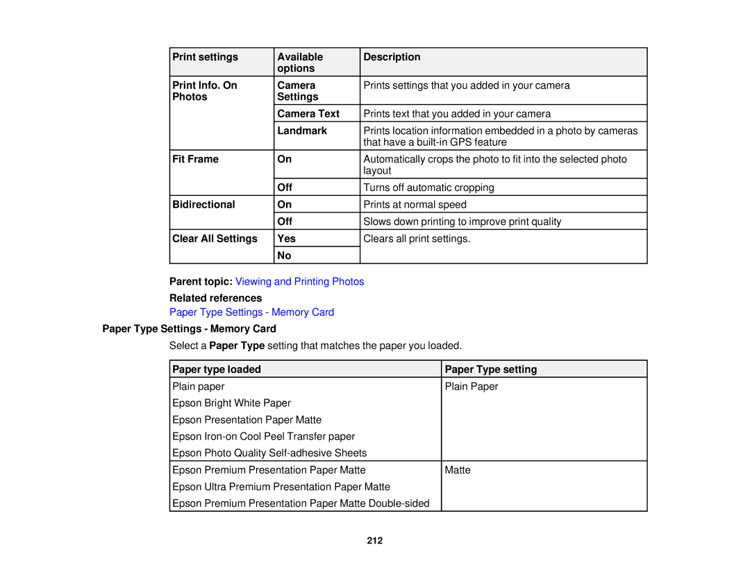 Epson XP-850 manual Related references, Paper Type Settings Memory Card 