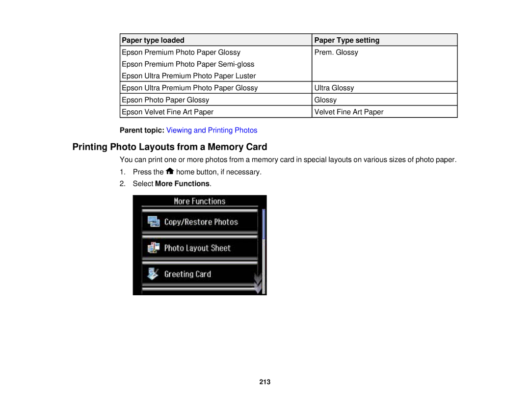 Epson XP-850 manual Printing Photo Layouts from a Memory Card, Select More Functions 