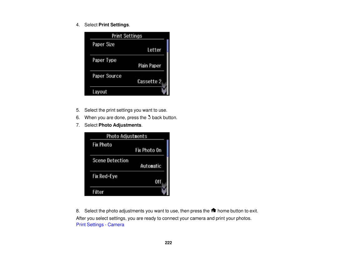 Epson XP-850 manual Select Print Settings, Select Photo Adjustments 