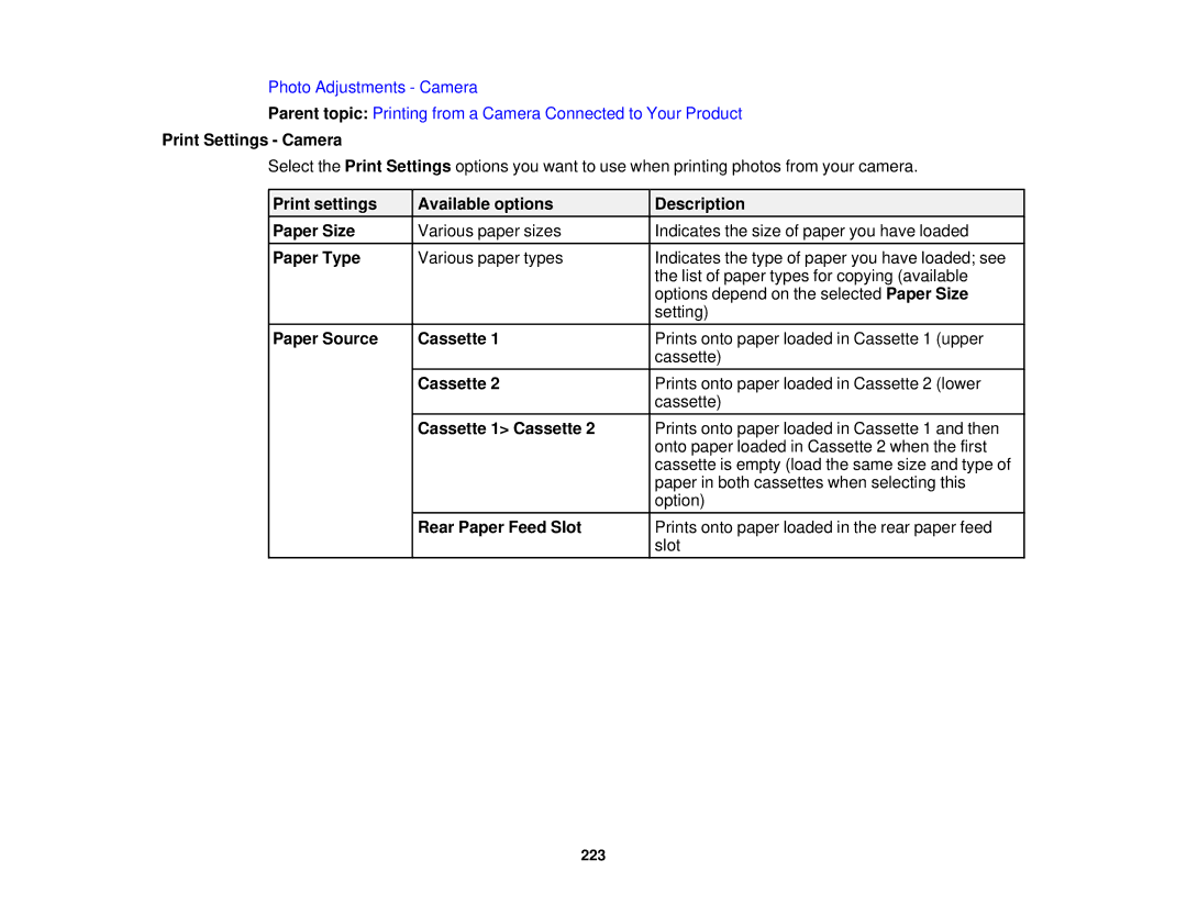 Epson XP-850 manual Print Settings Camera, Print settings Available options Description Paper Size 