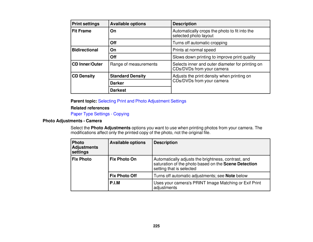 Epson XP-850 manual Related references, Photo Adjustments Camera 