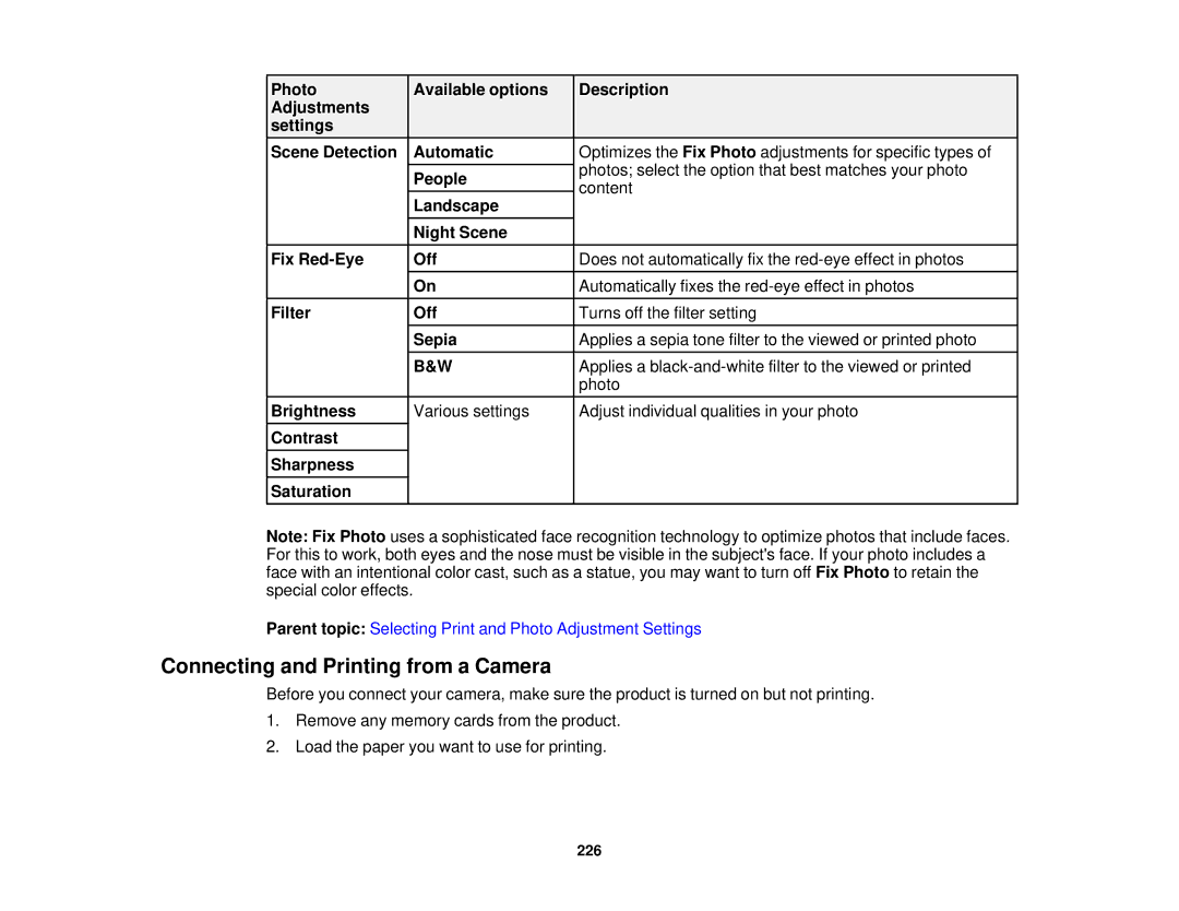 Epson XP-850 manual Connecting and Printing from a Camera 