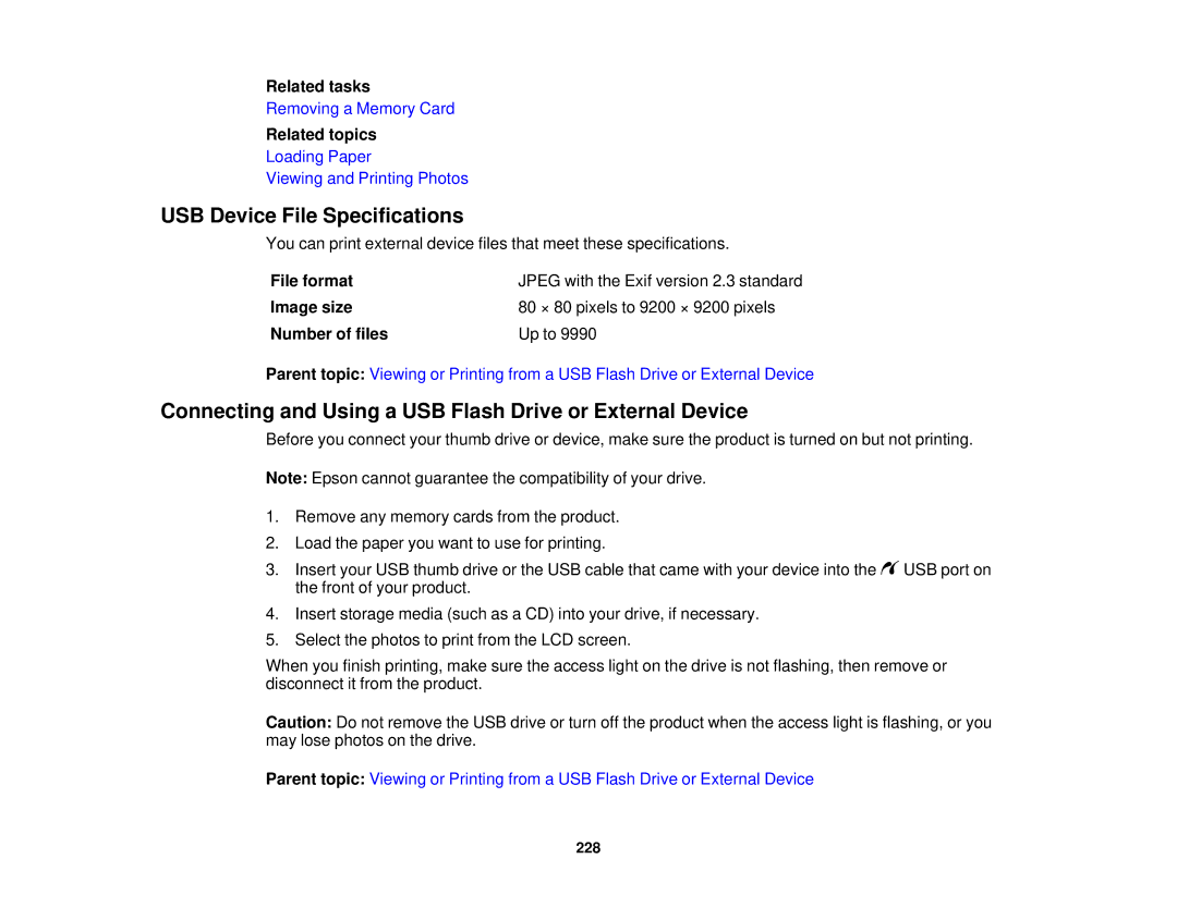 Epson XP-850 manual USB Device File Specifications, Connecting and Using a USB Flash Drive or External Device 