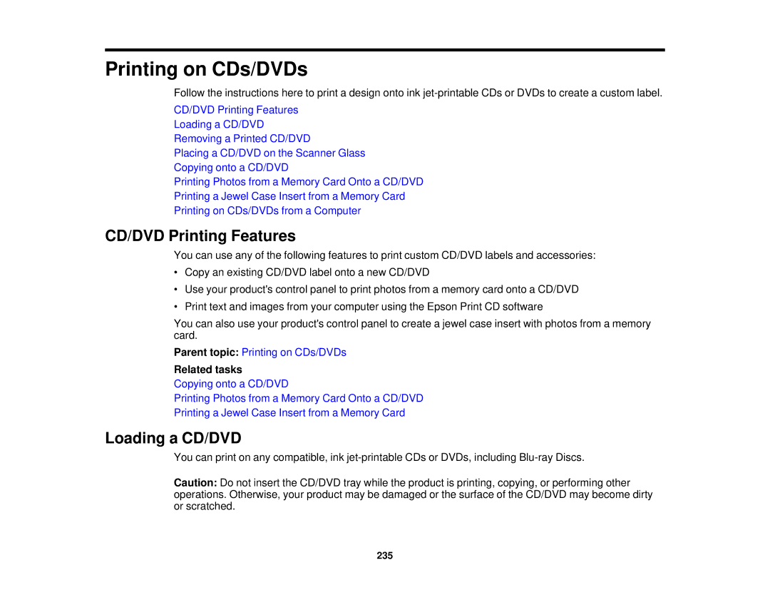 Epson XP-850 manual CD/DVD Printing Features, Loading a CD/DVD 